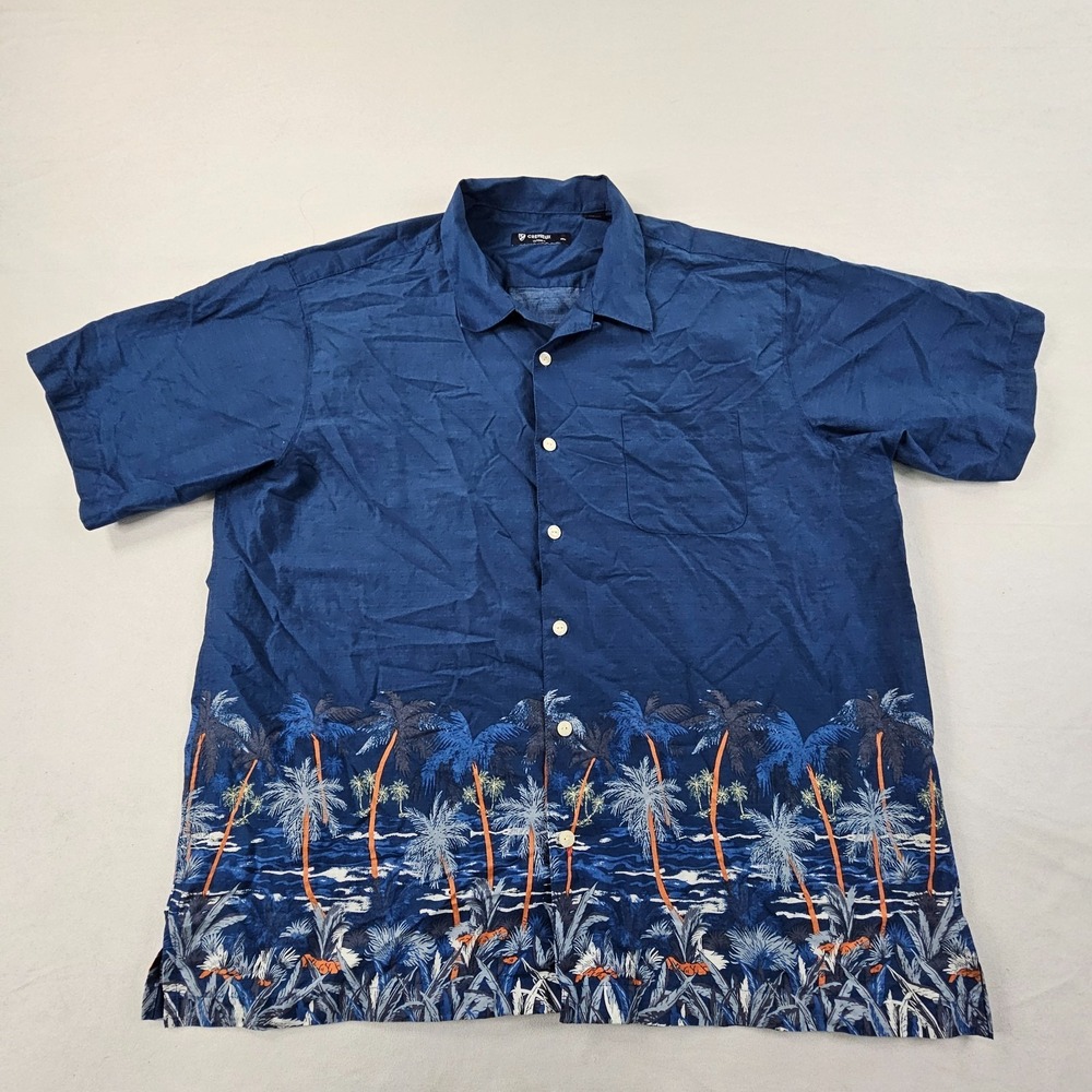 Cremieux Classics Blue Palm Trees‎ Short Sleeve Cotton Button-Up Shirt Men's XL
